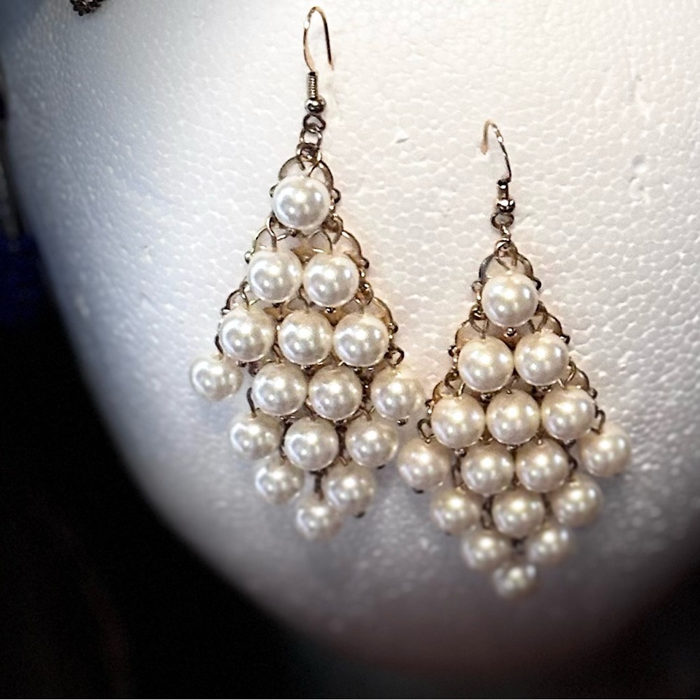 White Pearl Chandelier Earrings with Cascading Design
